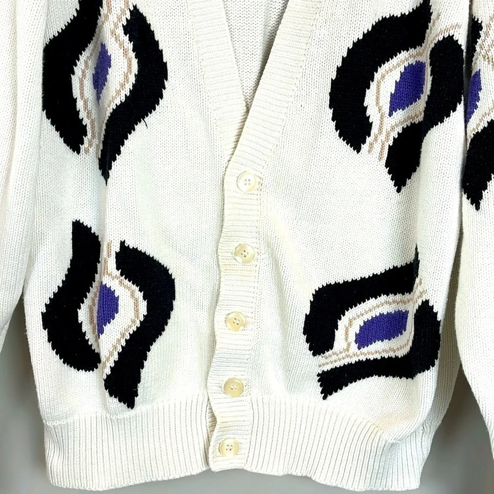 Vintage 90s Henry Grethel Men's Sweater Cardigan Size Medium White Purple Black